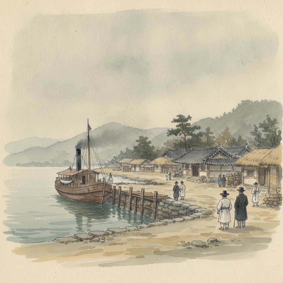 1880년대 제물포 항구에 도착한 증기선과 부두, 멀리서 바라본 풍경