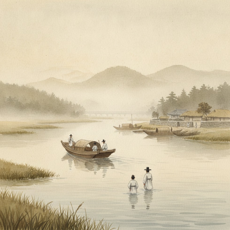 1895년 한강을 거슬러 오르는 나룻배를 그린 수채 일러스트