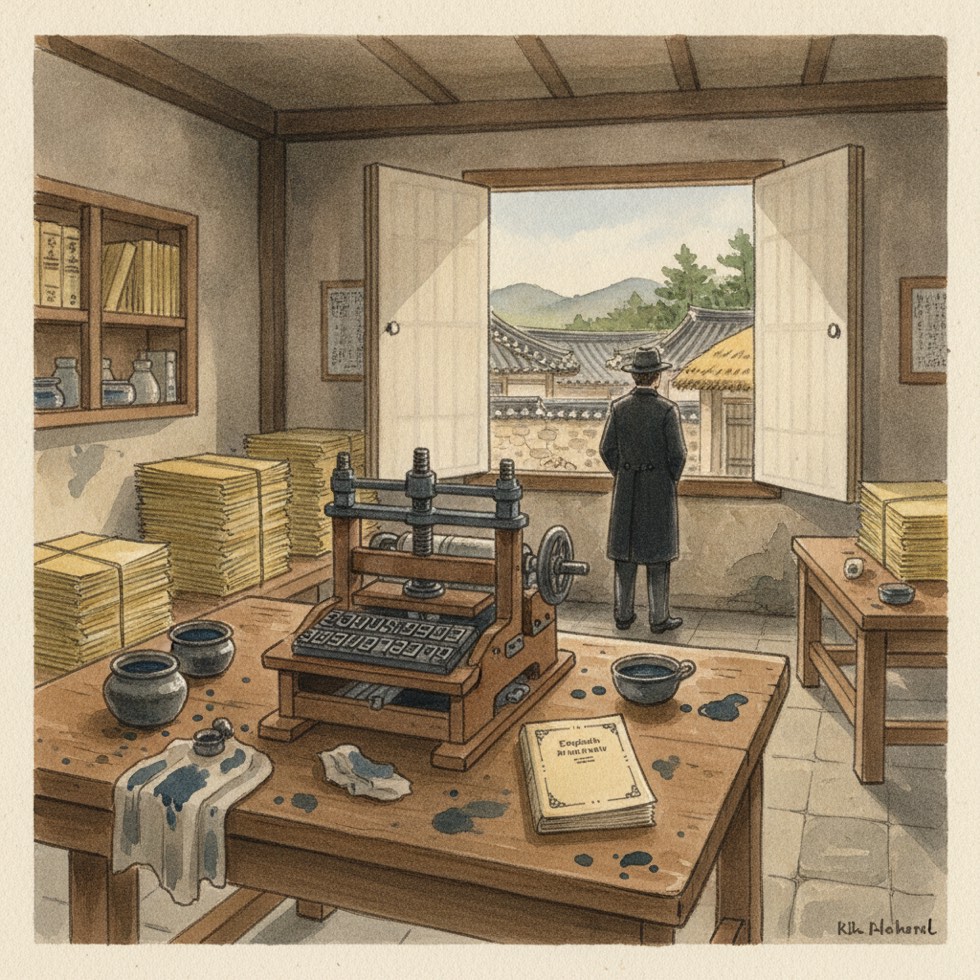 1900년대 서울의 인쇄소, 영문 잡지 활판과 원고 더미, 창가에 선 인영