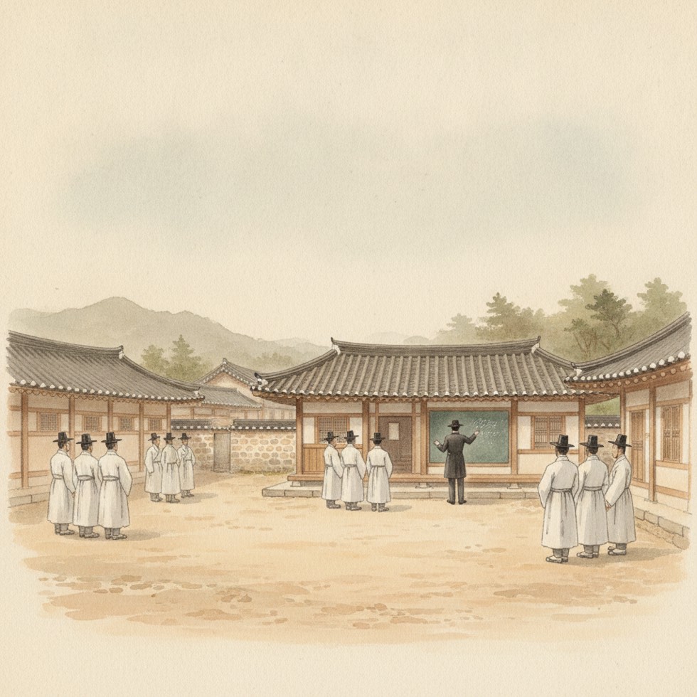 1880년대 한성의 관립학교 마당, 도포 차림 학생들과 서양식 옷의 교사 뒷모습