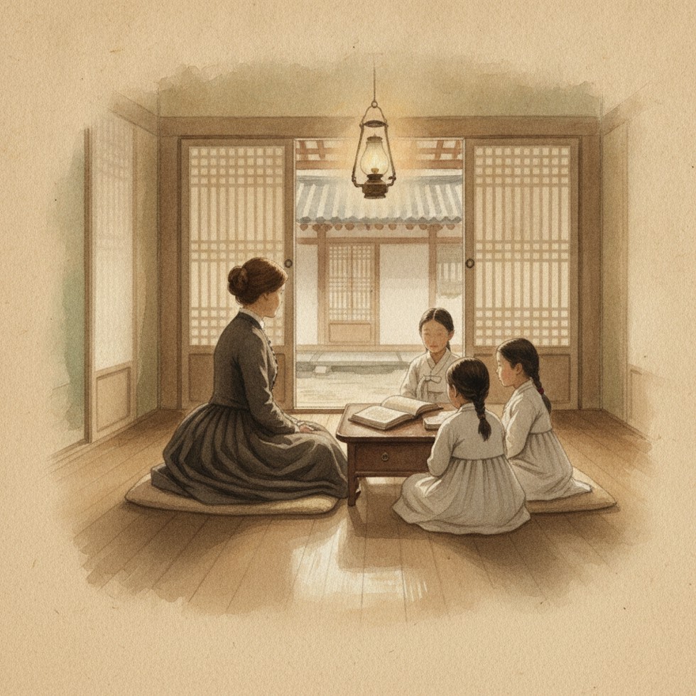 한옥 방 안, 서양 부인이 무명옷을 입은 어린 조선 소녀 두어 명과 나직이 마주 앉아 책을 펼쳐 든 실루엣