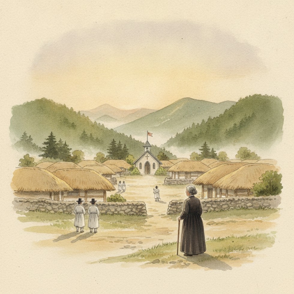 조선 산골 작은 마을 어귀, 예배당 지붕 위로 깃발이 나부끼고 나이 든 서양 부인이 지팡이를 짚고 멀리 바라보는 원경