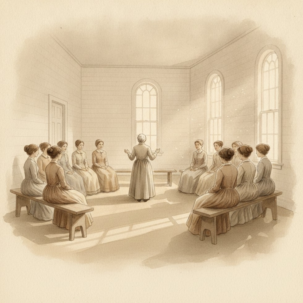 1880년대 미국 오하이오의 소박한 교회 실내, 모임에 둘러앉은 여성들 사이로 한 노부인이 일어서 있는 뒷모습