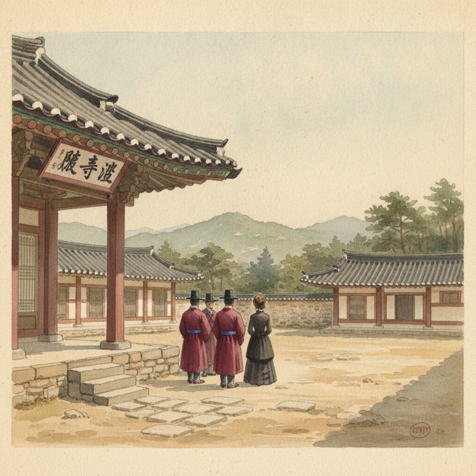조선 한옥 학당 처마 아래 한자 현판이 걸린 장면, 관복 입은 관리들과 서양 부인이 마당에서 멀리 바라보는 원경