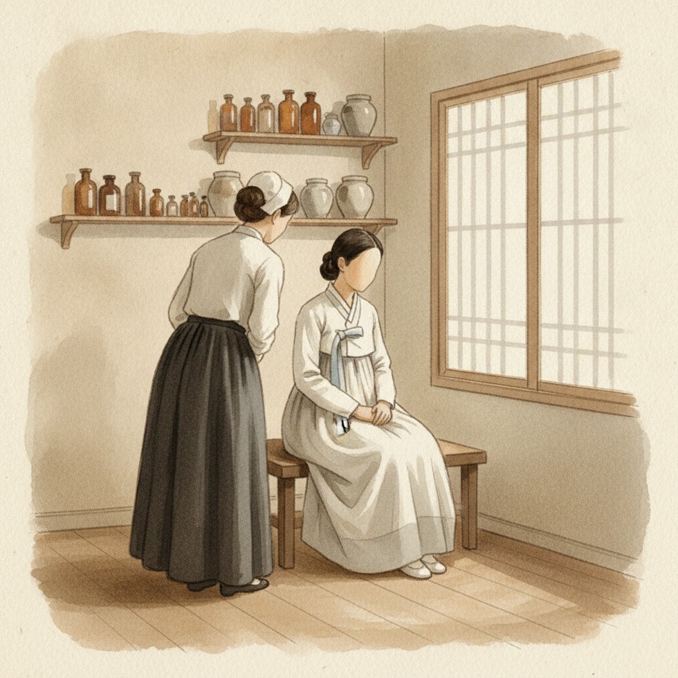 구한말 조선 병원의 진찰실에서 여성 환자를 돌보는 여의사, 인물은 작게 뒤에서