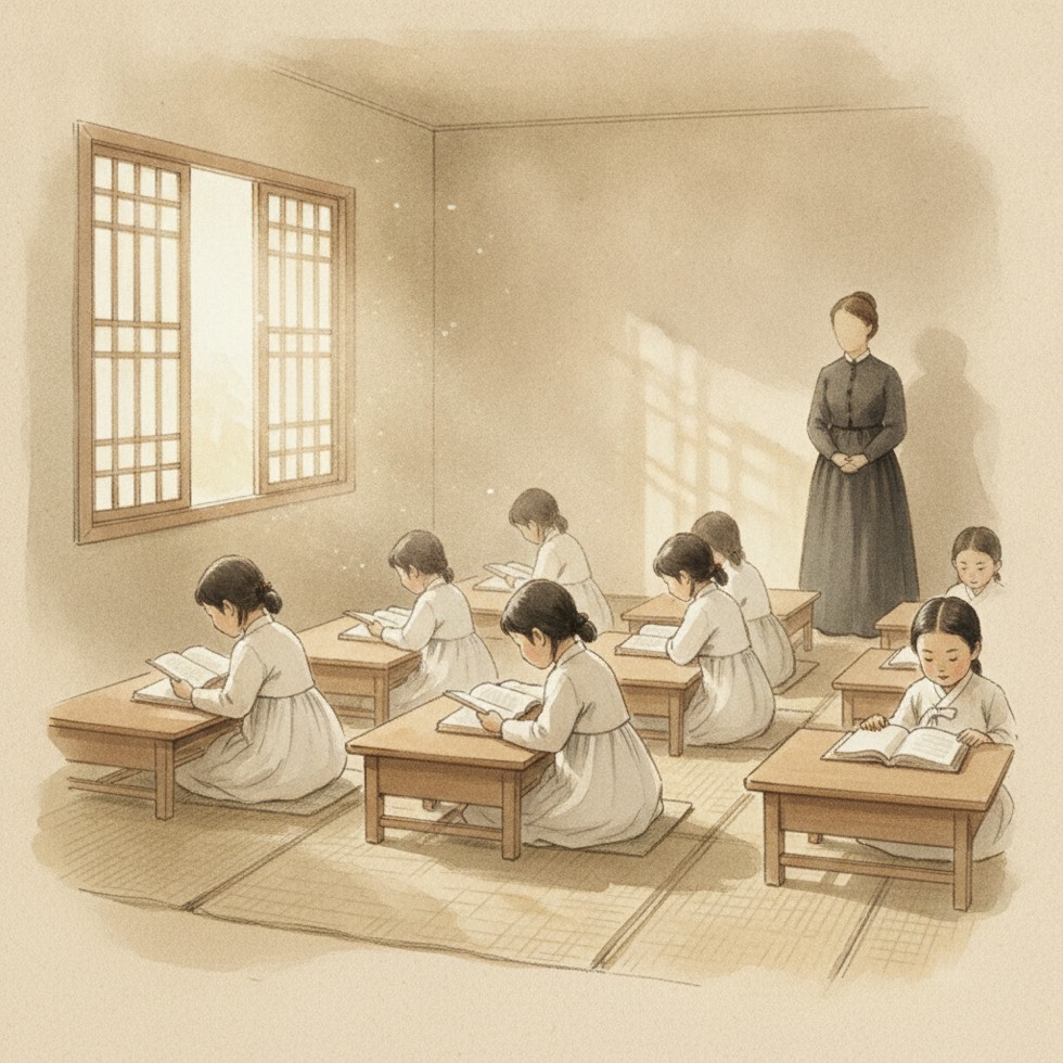 20세기 초 조선의 소박한 교실에서 한복 차림 여자아이들이 책상 앞에 앉아 있고 뒤에서 지켜보는 여선교사의 뒷모습