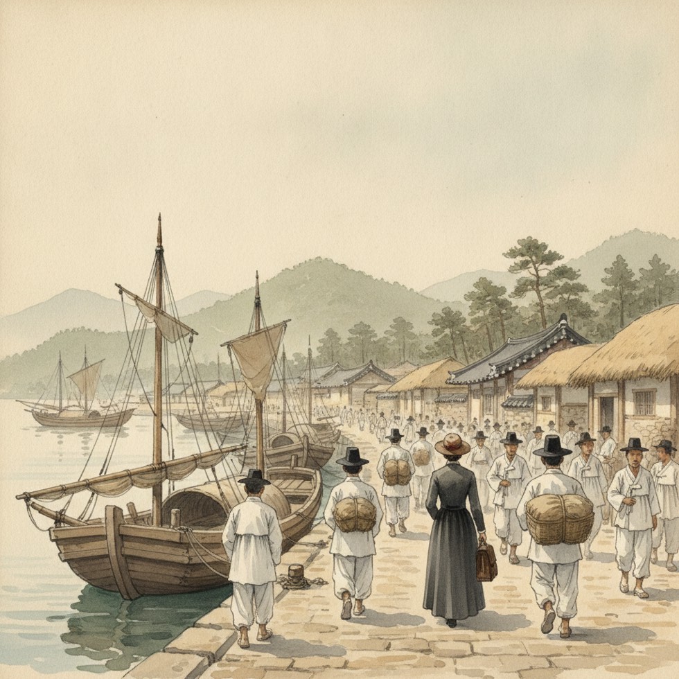 1910년대 조선의 항구, 짐을 든 서양 여성이 조선 사람들 사이로 걸어 들어가는 먼 뒷모습