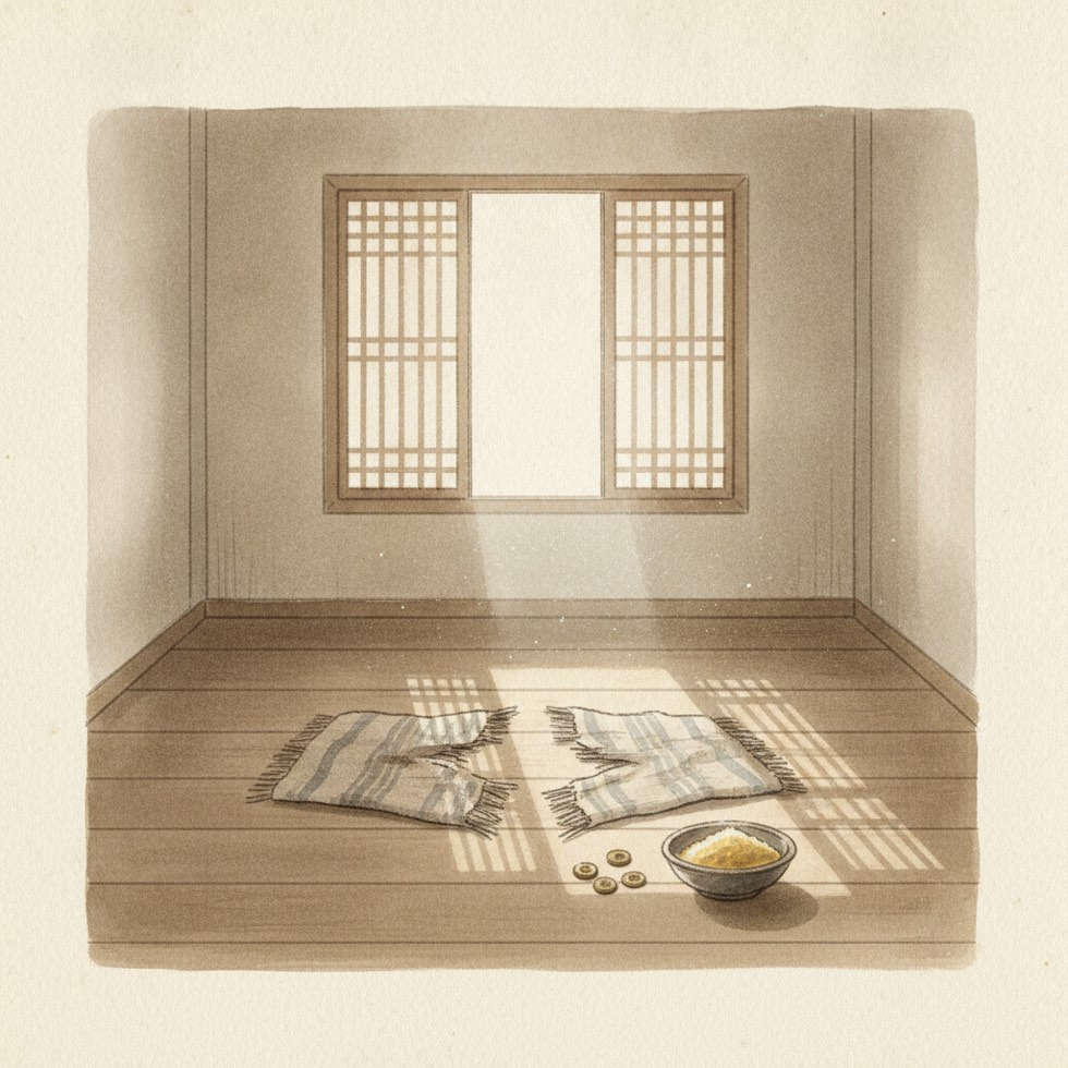 빈 조선식 방, 반으로 찢긴 담요 한 장과 동전 몇 닢이 마루에 놓인 정물, 창으로 빛이 든다