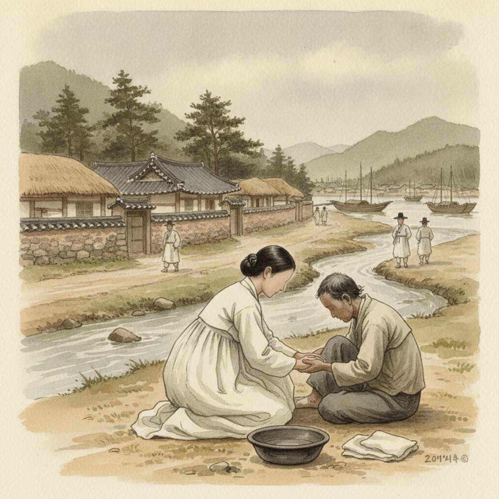 1930년대 광주 외곽, 흰옷 입은 여인이 병든 이의 손을 씻겨 주는 장면, 얼굴은 보이지 않게
