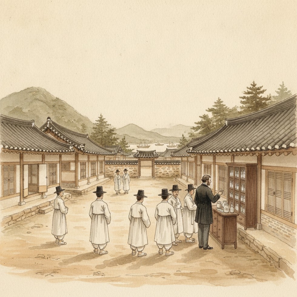 1880년대 서울 한옥을 개조한 병원 마당, 약장 곁에서 환자들을 맞는 서양인의 뒷모습과 줄지어 선 조선 사람들